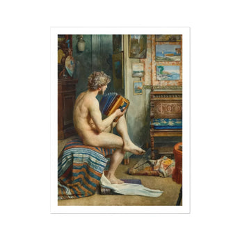 Male Nude with Accordion - Julien Renevier Art Print, Nude Figure Sits Draped Colorful Striped Fabric