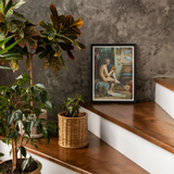 Male Nude with Accordion - Julien Renevier Art Print, Framed Artwork Figure Window Sits Wooden Stairs Among