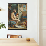 Male Nude with Accordion - Julien Renevier Framed Canvas, Framed Classical Painting Nude Figure Mounted White Wall