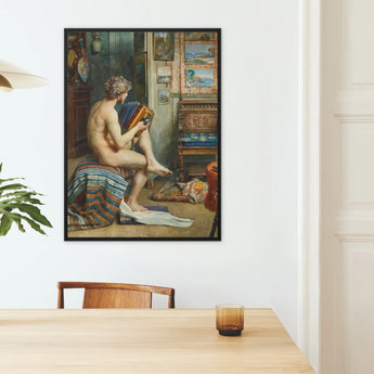 Male Nude with Accordion - Julien Renevier Framed Canvas, Framed Classical Painting Nude Figure Mounted White Wall