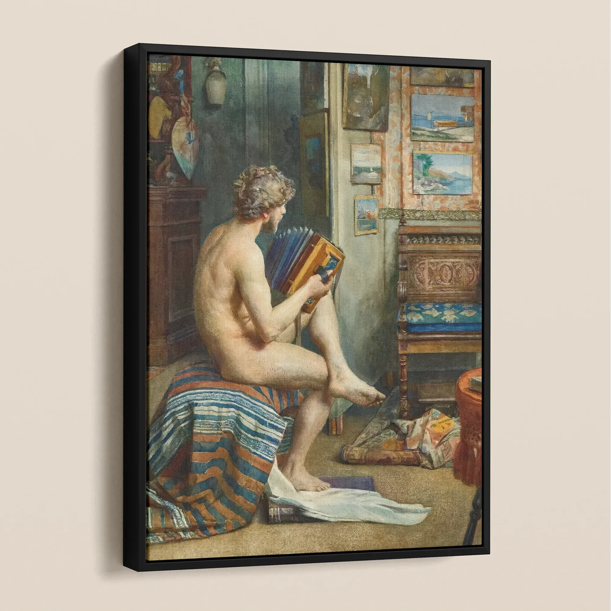 Male Nude with Accordion - Julien Renevier Framed Canvas Posters Prints & Visual Artwork