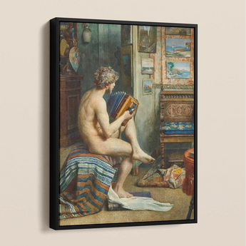 Male Nude with Accordion - Julien Renevier Framed Canvas, Nude Figure Seated Draped Fabric Book