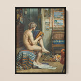 Male Nude with Accordion - Julien Renevier Framed Canvas, Nude Figure Seated Striped Cloth Accordion-style Book Document