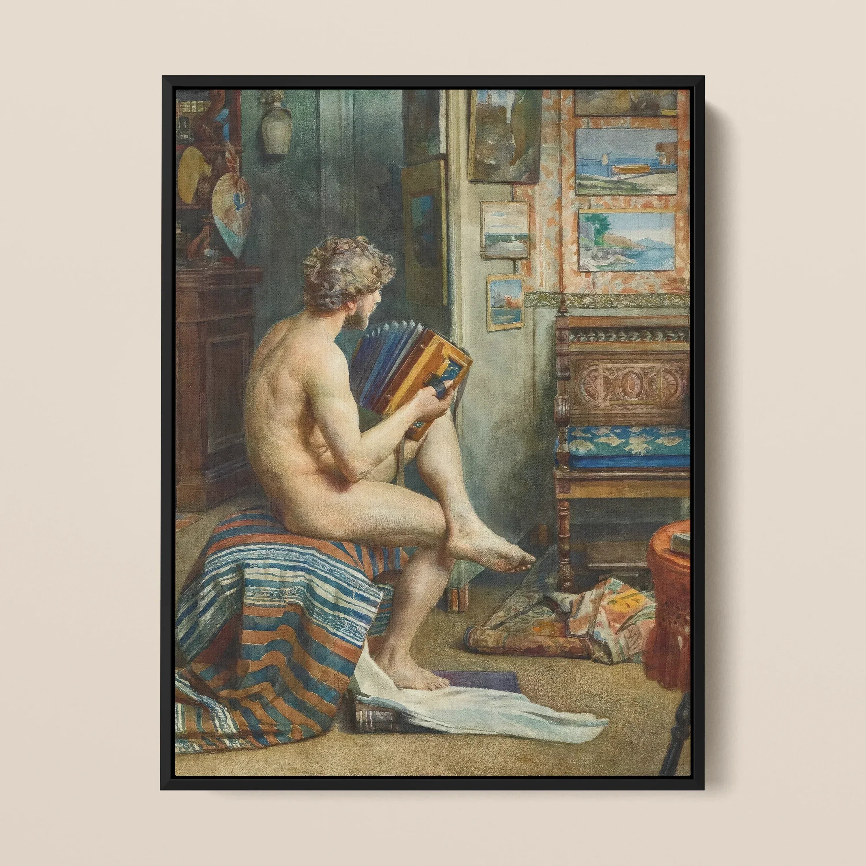 Male Nude with Accordion Julien Renevier Framed Canvas, Nude Figure Seated Striped Cloth Accordion Style Book Document