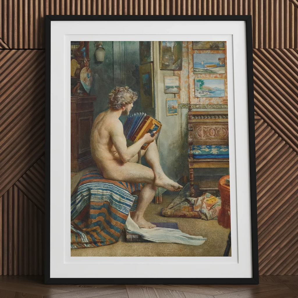 Framed William Etty or John Singer Sargent male nudes painting of a nude man playing an accordion