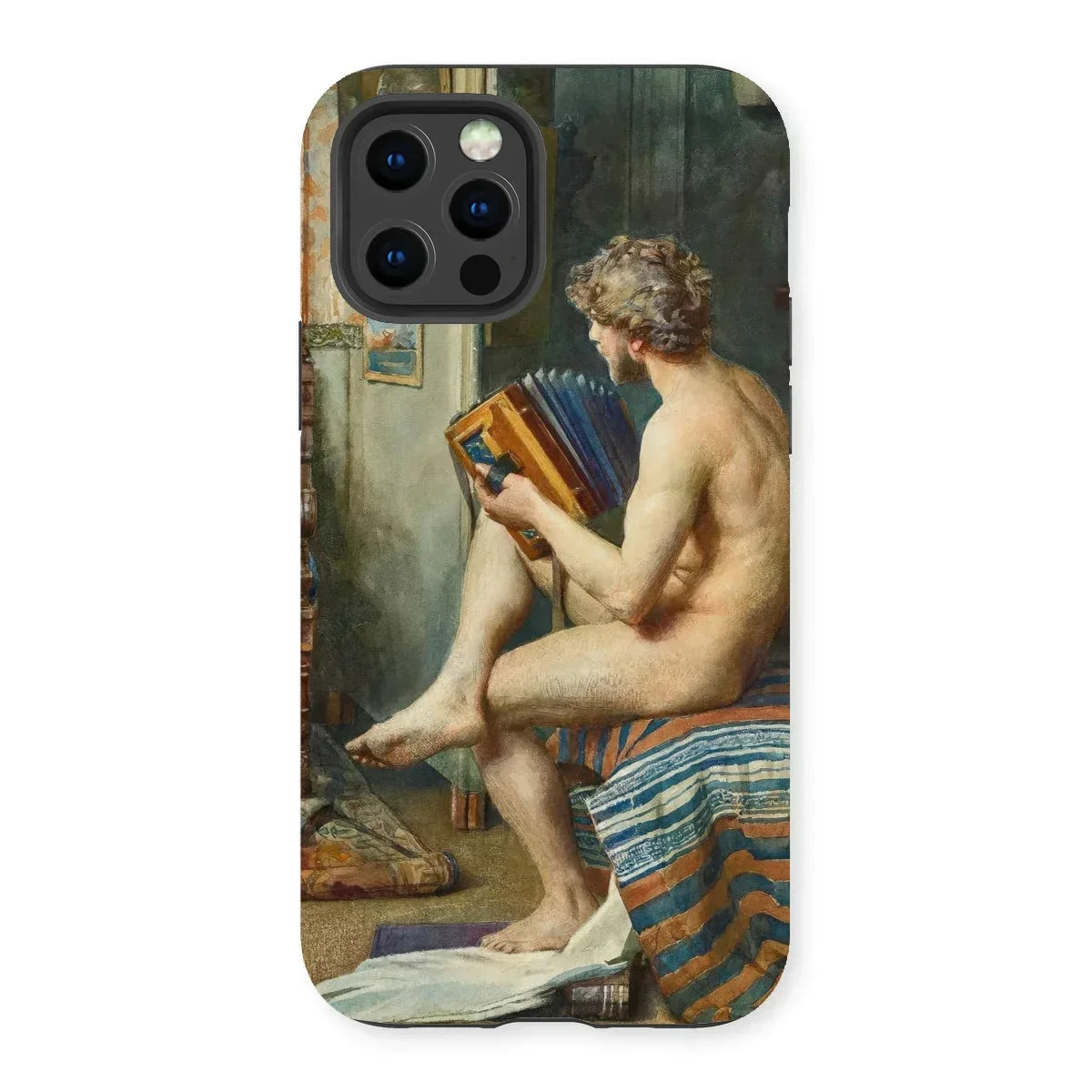 Male Nude with Accordion - Julien Renevier Iphone Case, 13 Pro / Matte, Iphone Case Classical Nude Painting Striped Fabric Drape