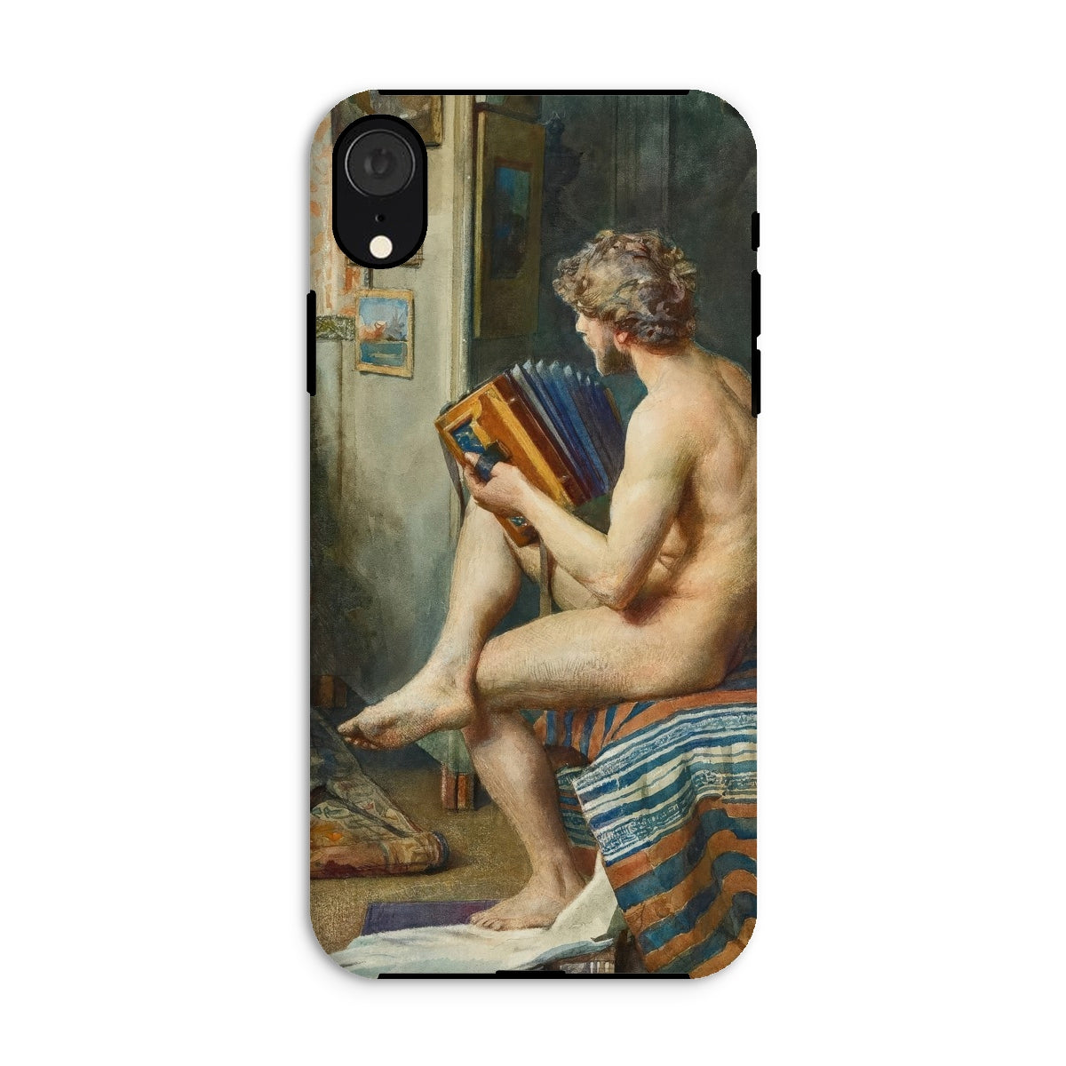 Male Nude with Accordion Julien Renevier Iphone Case, Xr / Matte, Iphone Case Classical Nude Painting Book Seated Striped