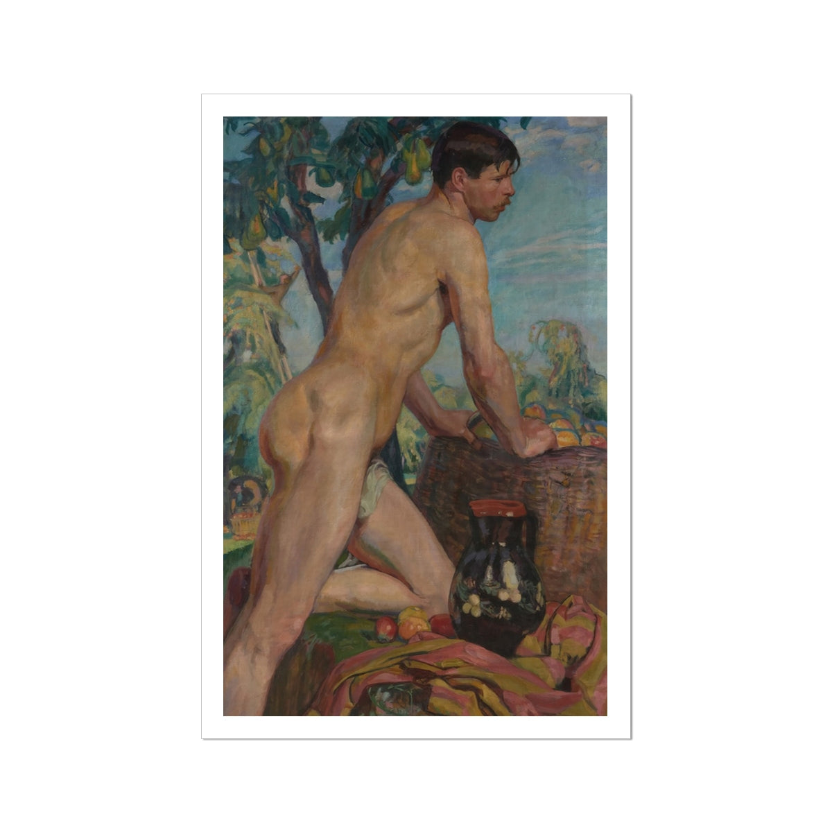 Male Nude Against Background of Orchard Weiss Wojciech Art Print, Painted Portrait Nude Man Dark Hair Stone Surface