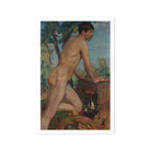 Male Nude Against Background of Orchard Weiss Wojciech Art Print, Painted Portrait Nude Man Dark Hair Stone Surface