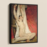 Male Nude Arms Upstretched - William Etty Framed Canvas, Classical Oil Painting Nude Figure Upward White Drapery