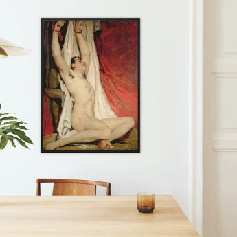 Male Nude Arms Upstretched - William Etty Framed Canvas, Framed Classical Nude Painting White Fabric Red Background