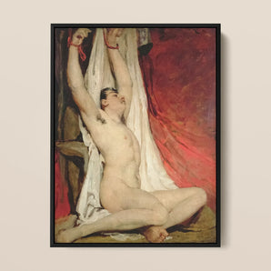 Male Nude Arms Upstretched - William Etty Framed Canvas, Nude Figure Arms Raised Partially Draped White Fabric
