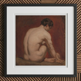 Male Nude from the Back - William Etty Art Print, 12x12’’ / 31x31cm / Black Frame / 2’’ Matboard, Framed Painting Male Nude