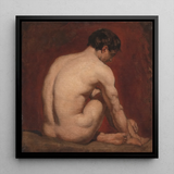 Male Nude from the Back - William Etty Framed Canvas, 12x12’’ / 31x31cm / Black Floating Frame, Nude Male Figure Seated Turned Painted