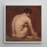 Male Nude from the Back - William Etty Framed Canvas, 12x12’’ / 31x31cm / White Floating Frame, Nude Male Figure Seated Pose