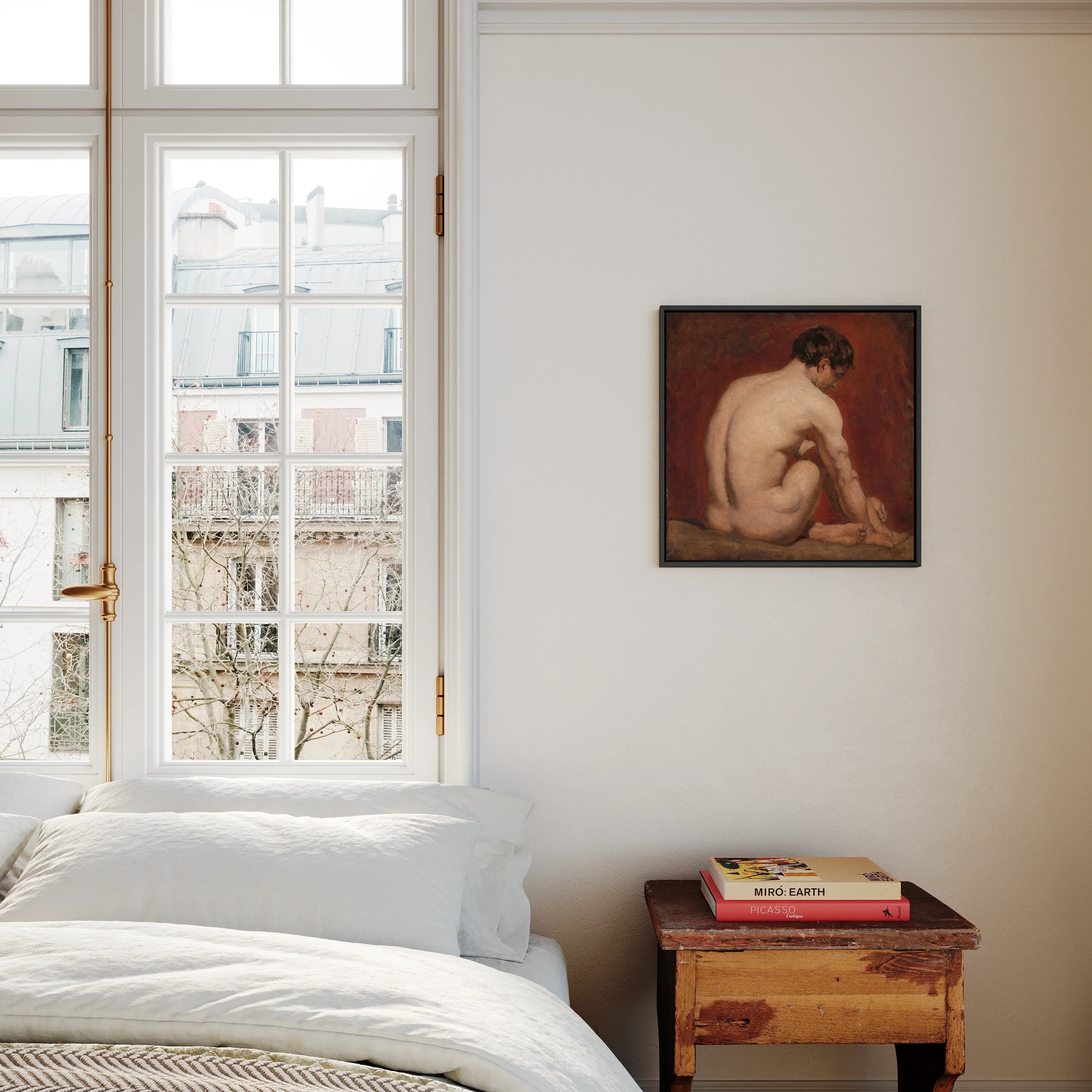 Male Nude from the Back William Etty Framed Canvas, Bright Minimalist Bedroom White Bedding Wooden Nightstand Classical