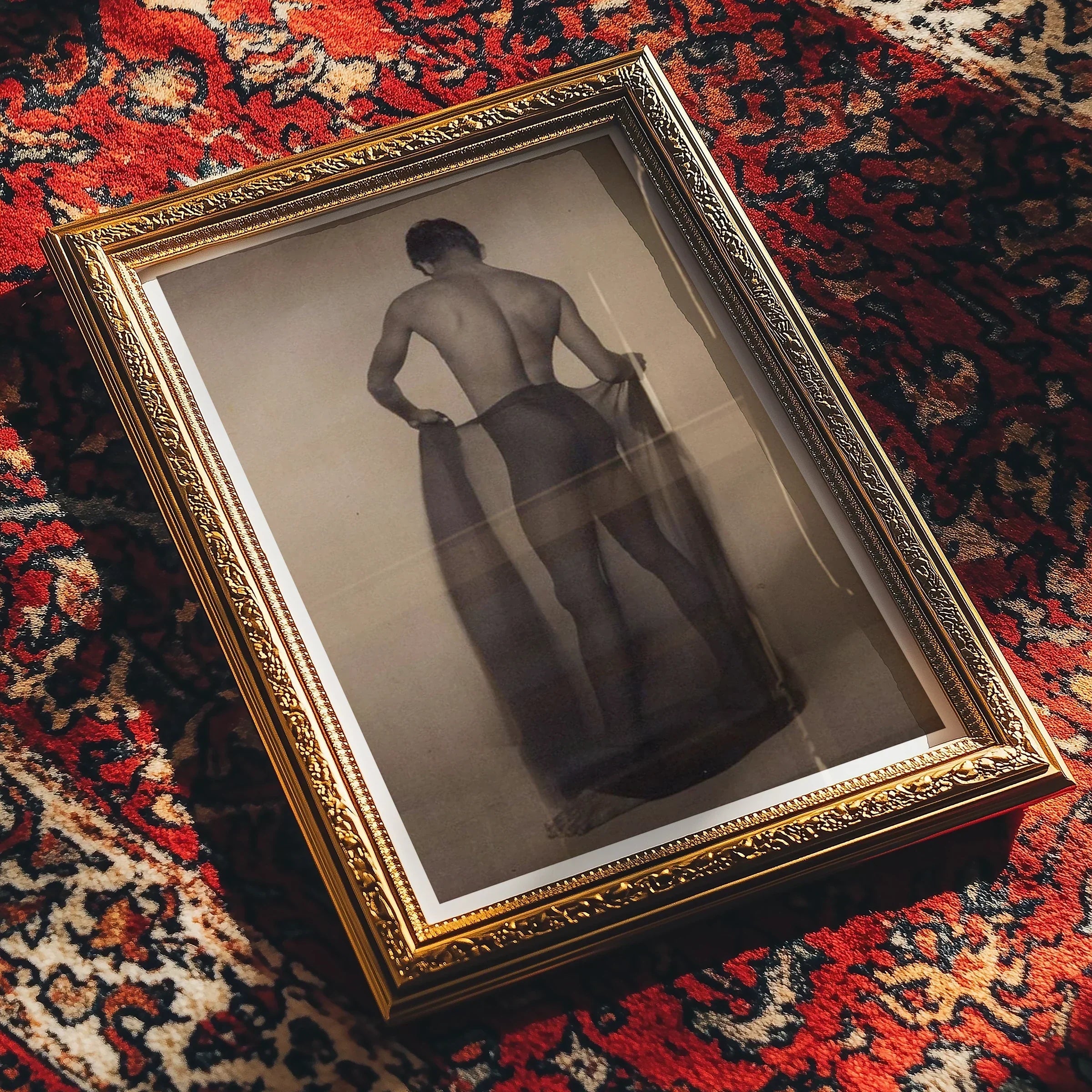 Male Nude Draped in Vetti Lionel Wendt Queer Art Print, Black White Photograph Ornate Gold Frame Figure