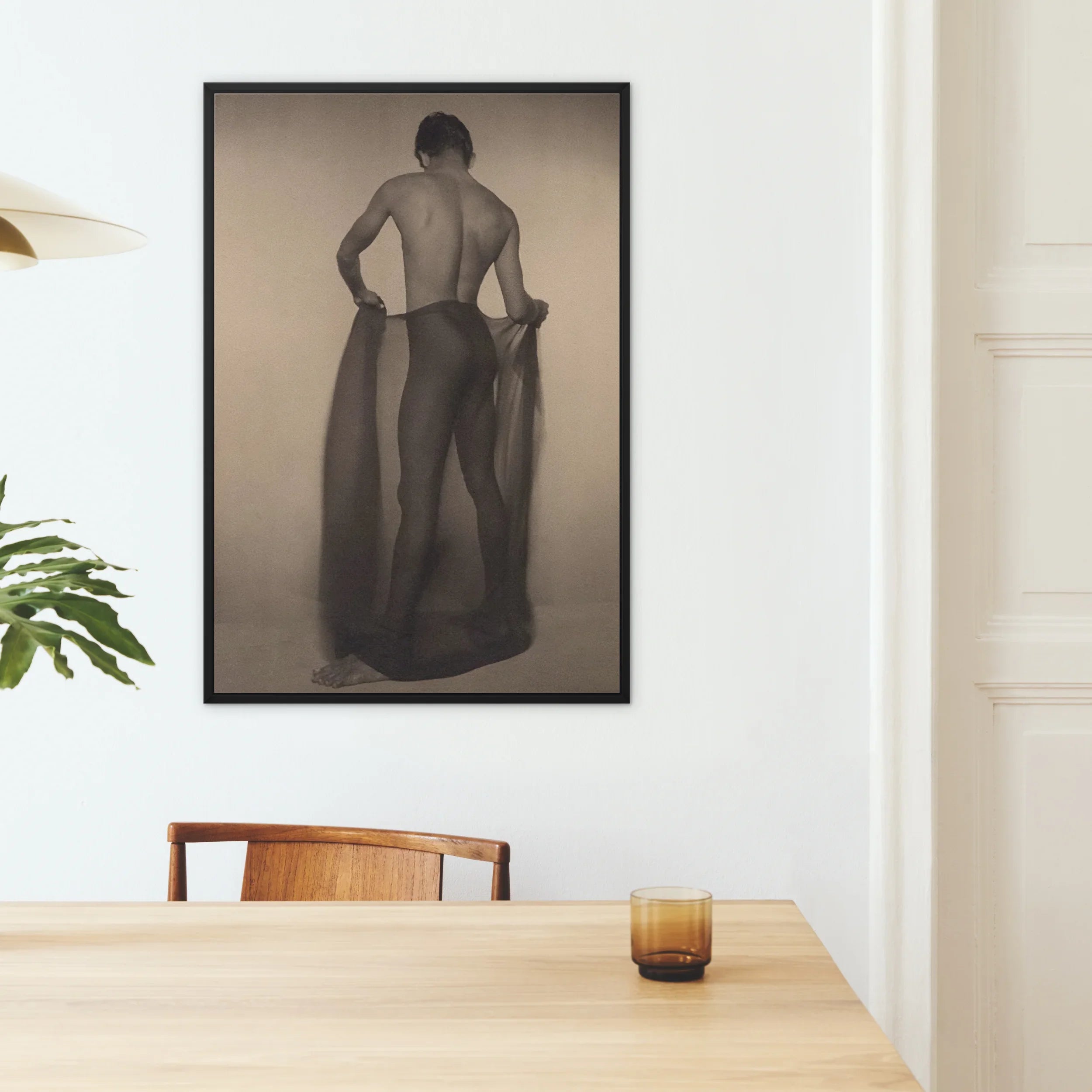 Male Nude Draped in Vetti - Lionel Wendt Queer Framed Canvas, Black White Artistic Photograph Figure Draped Fabric Mounted