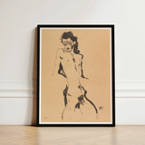 Male Nude Lithograph - Egon Schiele Art Print / Canvas Black-framed Sketch Figure Dynamic Pose, Hunger Pressed, Prints