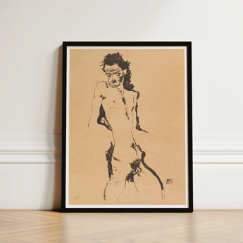 Male Nude Lithograph - Egon Schiele Art Print / Canvas Black-framed Sketch Figure Dynamic Pose, Hunger Pressed, Prints