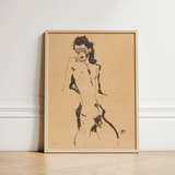 Male Nude Lithograph - Egon Schiele Art Print / Canvas Minimalist Beige-framed Artwork Bold Black Ink Sketch, Hunger Pressed, Prints