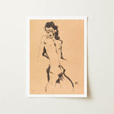 Male Nude Lithograph - Egon Schiele Art Print / Canvas Framed Black Ink Sketch Beige Paper Figure, Hunger Pressed, Prints