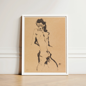 Male Nude Lithograph - Egon Schiele Art Print / Canvas Framed Black Ink Sketch Figure Beige Paper, Hunger Pressed, Prints