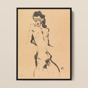 Male Nude Lithograph - Egon Schiele Art Print / Canvas Framed Black Ink Sketch Beige Paper Figure, Hunger Pressed, Prints