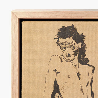 Male Nude Lithograph - Egon Schiele Art Print / Canvas Minimalist Wooden-framed Artwork Black Ink Sketch Textured Beige, Hunger Pressed,