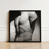 Black-framed Black-and-white Photograph Classical Marble Statue’s Torso Defined Male Nude, Roman Fragment, Photography Collapses, Hadrianic