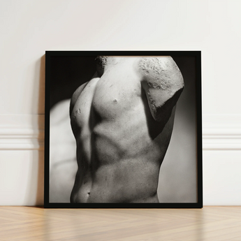 Black-framed Black-and-white Photograph Classical Marble Statue’s Torso Defined Male Nude, Roman Fragment, Photography Collapses, Hadrianic