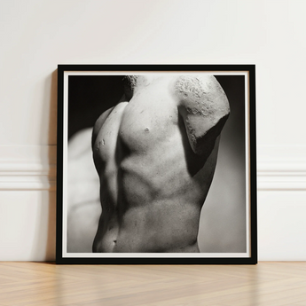 Black-framed Photographic Print Monochrome Close-up Classical Marble Statue’s Male Nude, Roman Fragment, Black-and-white Photography