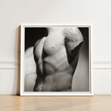 White-framed Black-and-white Photographic Print Classical Marble Statue’s Torso Male Nude, Roman Fragment, Photography Collapses, Hadrianic