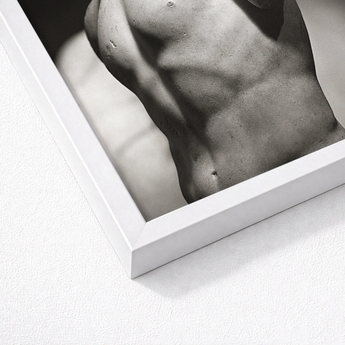 White Framed Black Photograph Muscular Male Torso Nude, Roman Marble Fragment, Black-and-white Photography Collapses, Hadrianic Sculptor’s