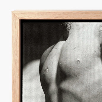 Black-and-white Canvas Print Muscular Torso Light Wood Frame Male Nude, Roman Marble Fragment, Photography Collapses, Hadrianic Sculptor’s