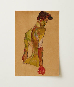 Vibrant Expressionistic Painting Figure Profile Bold Yellow Red Egon Schiele, Male Nude, Bends, Sickly Green Pigment, Cover, Pencil Contour