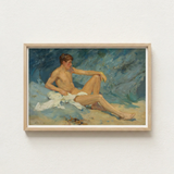 Framed Oil Painting Nude Male Figure Sand Rendered Henry Scott Tuke, Paints, Bronzed Flesh Tones