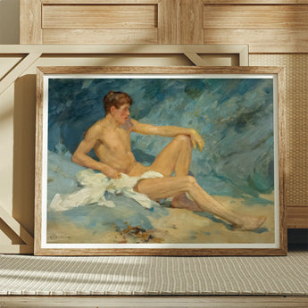 Framed Oil Painting Nude Male Figure Seated Sand Henry Scott Tuke, Paints, Bronzed Flesh Tones