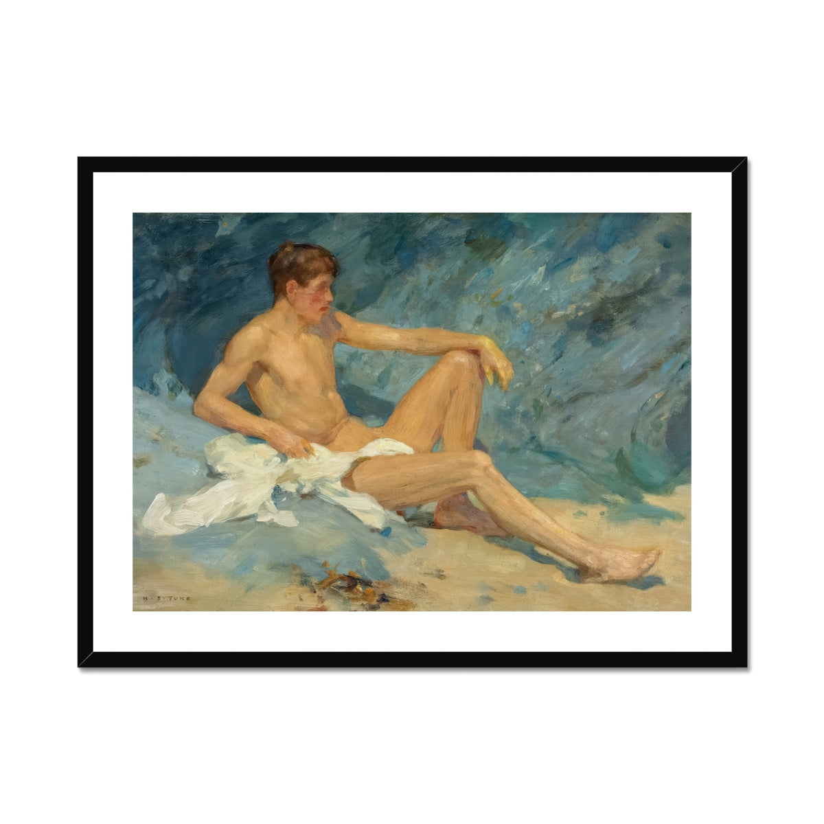Male Nude Reclining on Rocks Henry Scott Tuke Art Print, Framed Oil Painting Male Nude Beach