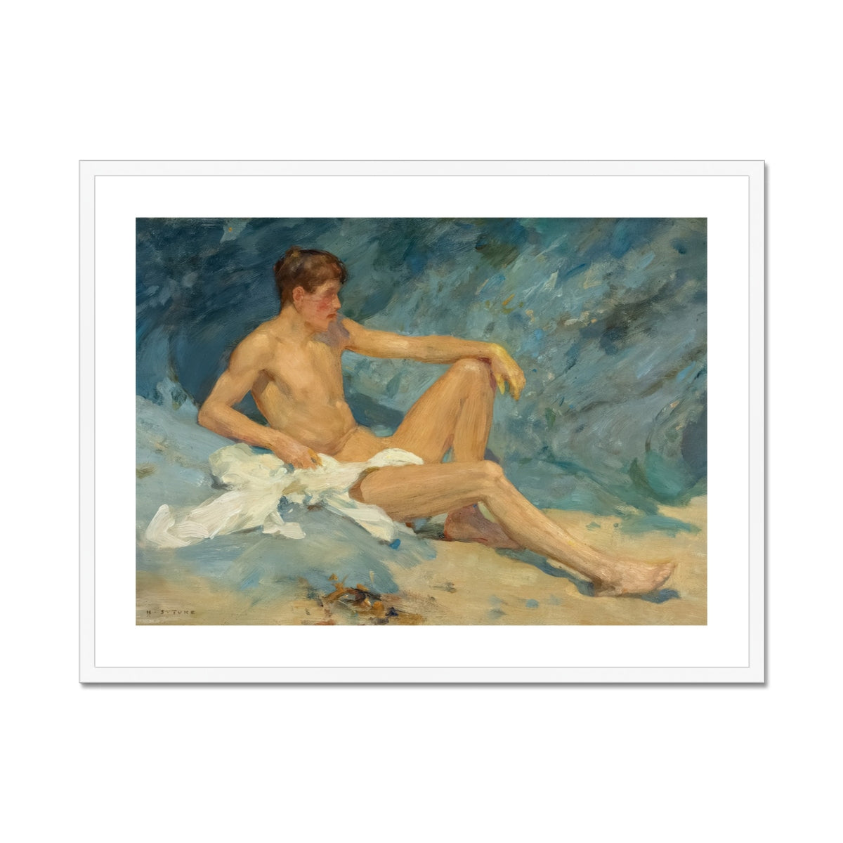 Male Nude Reclining on Rocks Henry Scott Tuke Art Print, Framed Painting Nude Male Figure Beach
