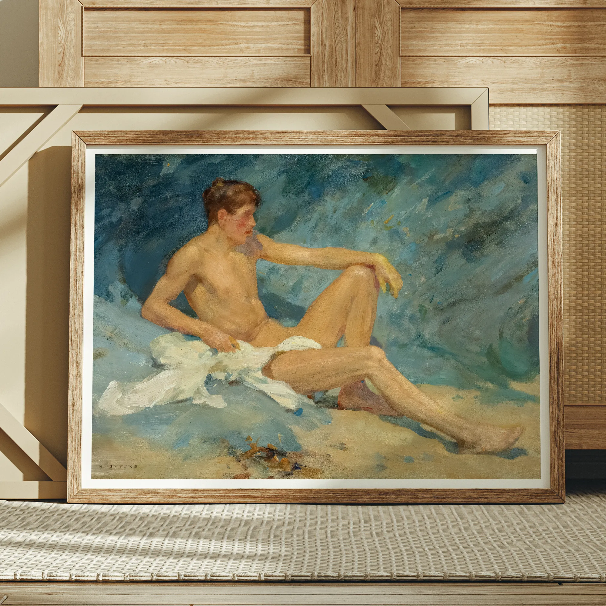 Male Nude Reclining on Rocks Henry Scott Tuke Art Print, Framed Painting Nude Man