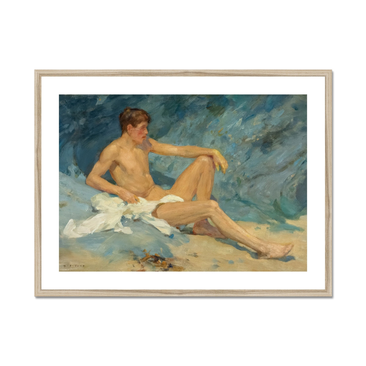 Male Nude Reclining on Rocks Henry Scott Tuke Art Print, Framed Art Print Seated Male Nude