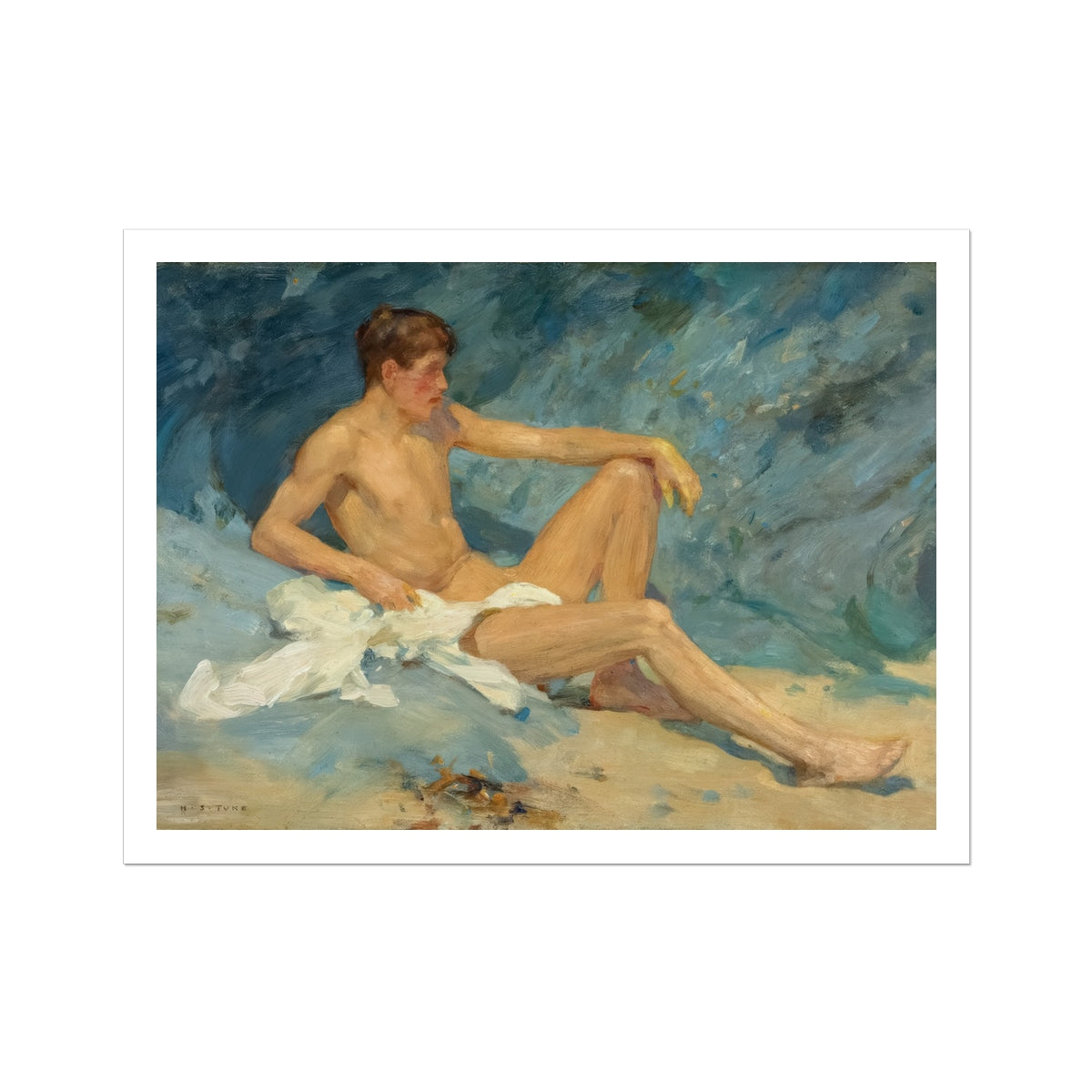 Male Nude Reclining on Rocks Henry Scott Tuke Art Print, Painting Nude Male Figure Beach