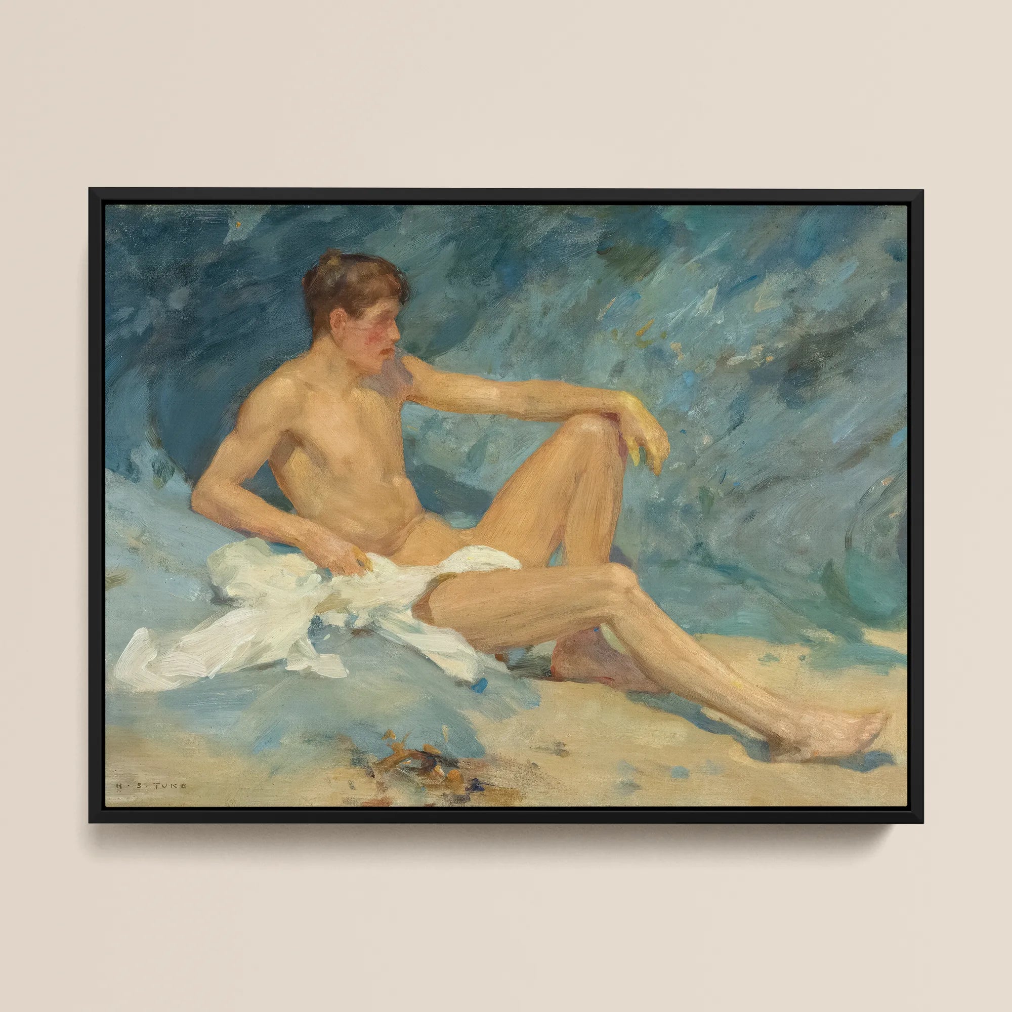 Male Nude Reclining on Rocks Henry Scott Tuke Framed Canvas, Framed Oil Painting Male Nude