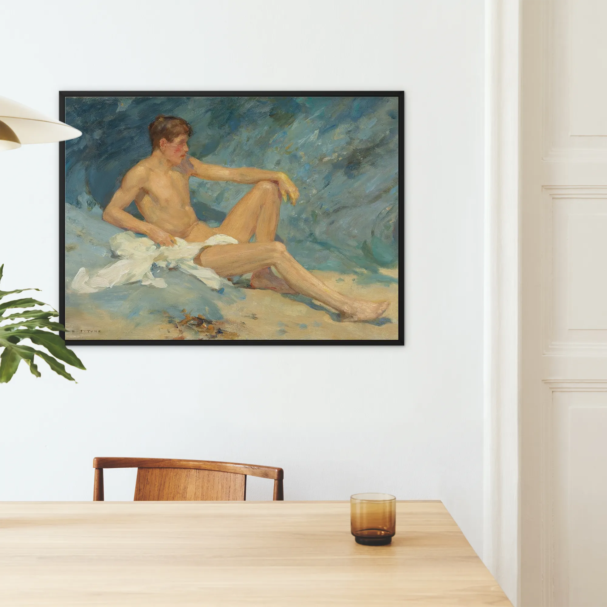 Male Nude Reclining on Rocks Henry Scott Tuke Framed Canvas, Framed Oil Painting Nude Male