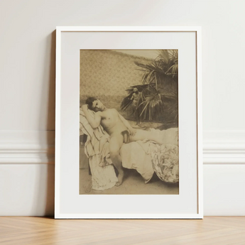Male Nude Reclining - Vincenzo Galdi Fine Art Print / Canvas Vintage Sepia-toned Framed Photograph Nude Figure Palm Fronds Vincenzo Galdi’s