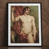 Male nude art print, William Etty standard bearer, framed.