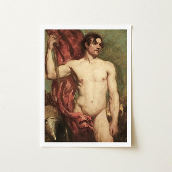 Male Nude Standard Bearer - William Etty Art Print / Canvas Framed Reproduction Classical Painting Figure Defined, Sinewy Form Bathed Prints