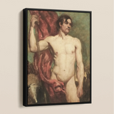Male Nude Standard Bearer - William Etty Framed Canvas, Classical Oil Painting Nude Male Figure Red Drapery
