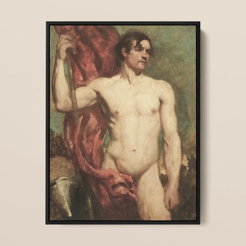 Male Nude Standard Bearer - William Etty Framed Canvas, Nude Male Figure Dark Hair Red Cloth Drape